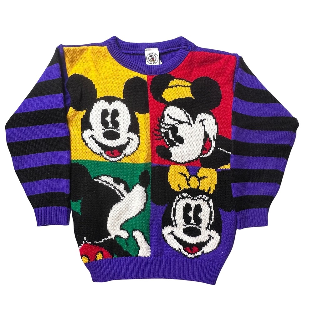 Vintage Mickey & Co Sweater Girls 6X Purple Mickey Minnie Donald Colorblock 90s